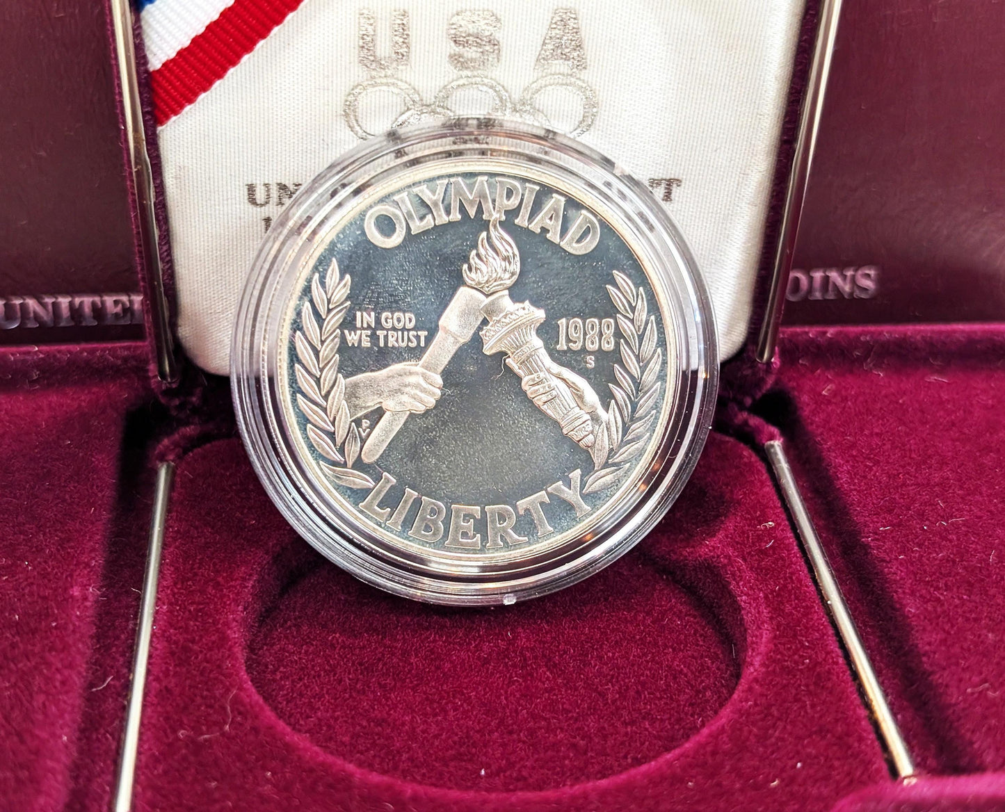 1988-S Proof Commemorative SILVER Dollar Olympic Coin With Box and COA San Francisco Mint