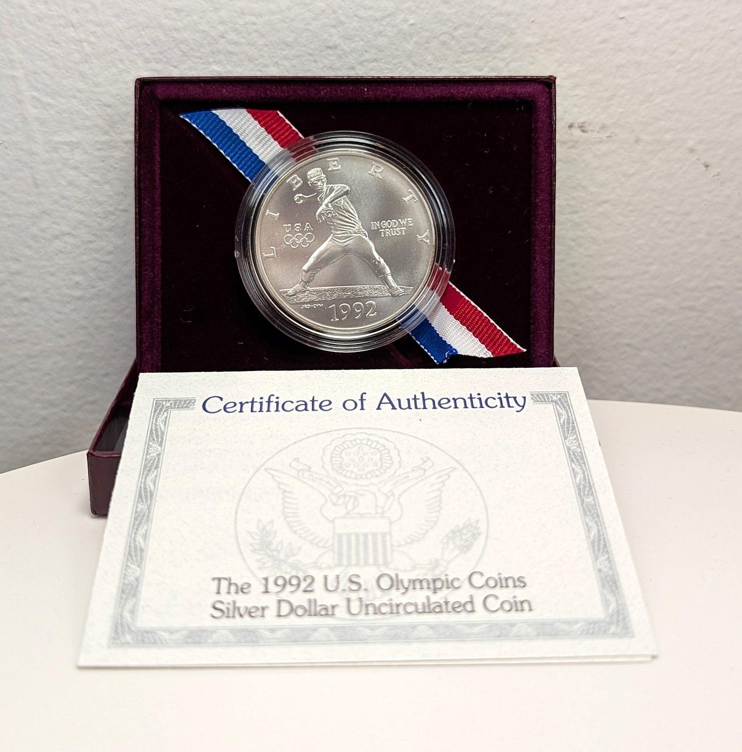 1992-D Unc Commemorative Silver Dollar U.s. Olympic Baseball Coin Uncirculated With Box And Coa