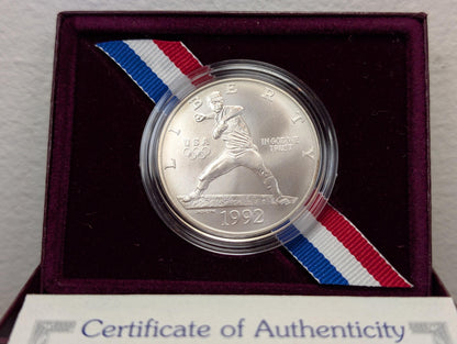 1992-D Unc Commemorative Silver Dollar U.s. Olympic Baseball Coin Uncirculated With Box And Coa