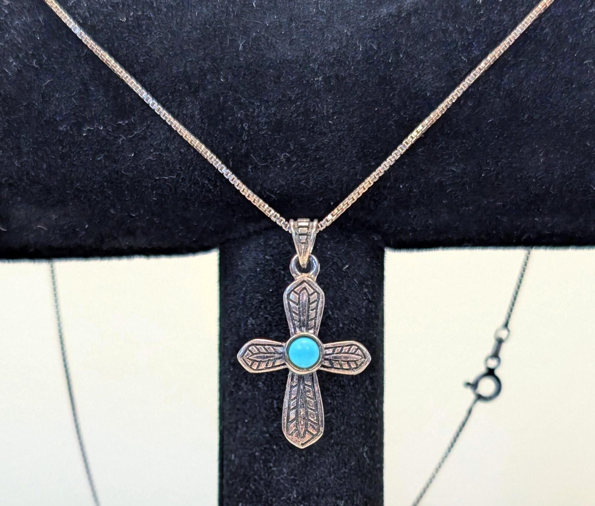 Sterling Silver Turquoise Cross Necklace - 18 Inches - Stamped and Tested Sterling Silver - Crucifix Pendant