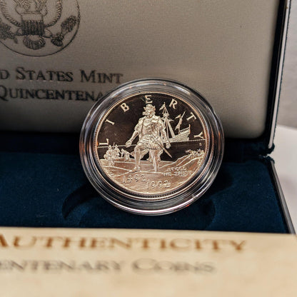 1992 P + S Columbus Quincentenary Silver Dollar Clad Half Dollar 2 Coin Set W/ Box And Coa