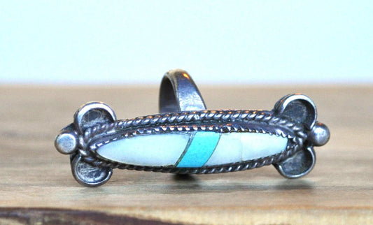 Sterling Silver Navajo Turquoise Mother of Pearl Skinny Oval Ring - Size 4 - Tested Sterling Silver - Slender Turquoise Ring