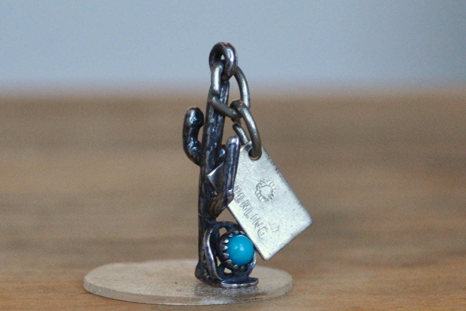 Bell Trading Post Old Tucson Turquoise Cactus Pendant - Stamped and Tested Sterling Silver - Old Tucson Arizona - Saguaro Charm