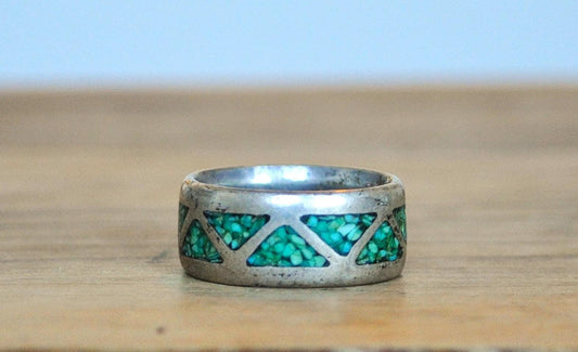 Sterling Silver Triangle Shaped Mosaic Turquoise Ring - Size 4 - Stamped and Tested Sterling Silver - Smaller Ring