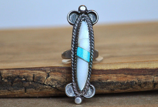 Sterling Silver Navajo Turquoise Mother of Pearl Skinny Oval Ring - Size 4 - Tested Sterling Silver - Slender Turquoise Ring
