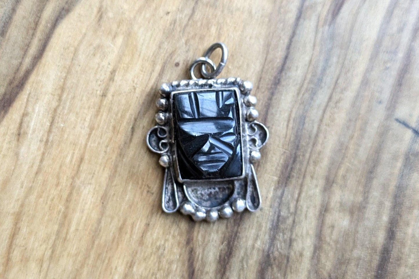 Sterling Silver Tribal Aztec Warrior Face Charm - Tested Sterling Silver - Onyx Face