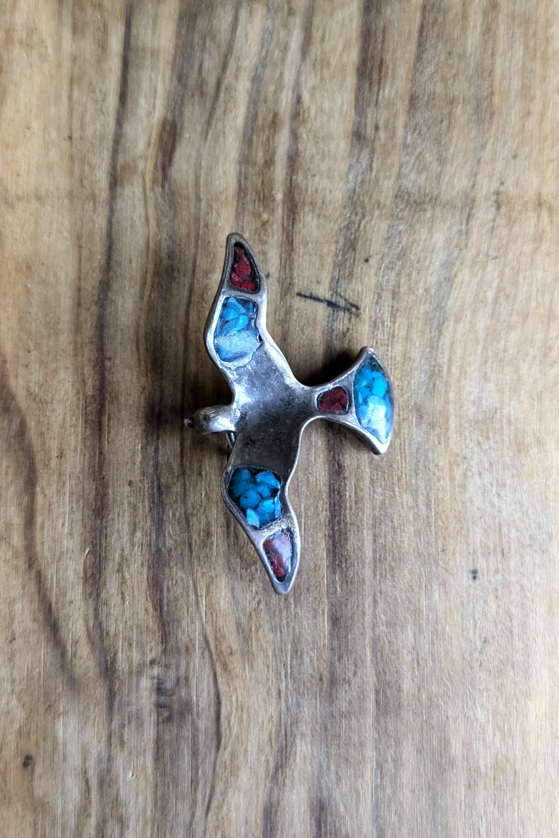 Sterling Silver Native American Southwest Turquoise Coral Inlay Thunderbird Pendant - Tested Sterling Silver - Zuni Turquoise Coral Inlay