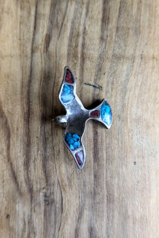 Sterling Silver Native American Southwest Turquoise Coral Inlay Thunderbird Pendant - Tested Sterling Silver - Zuni Turquoise Coral Inlay