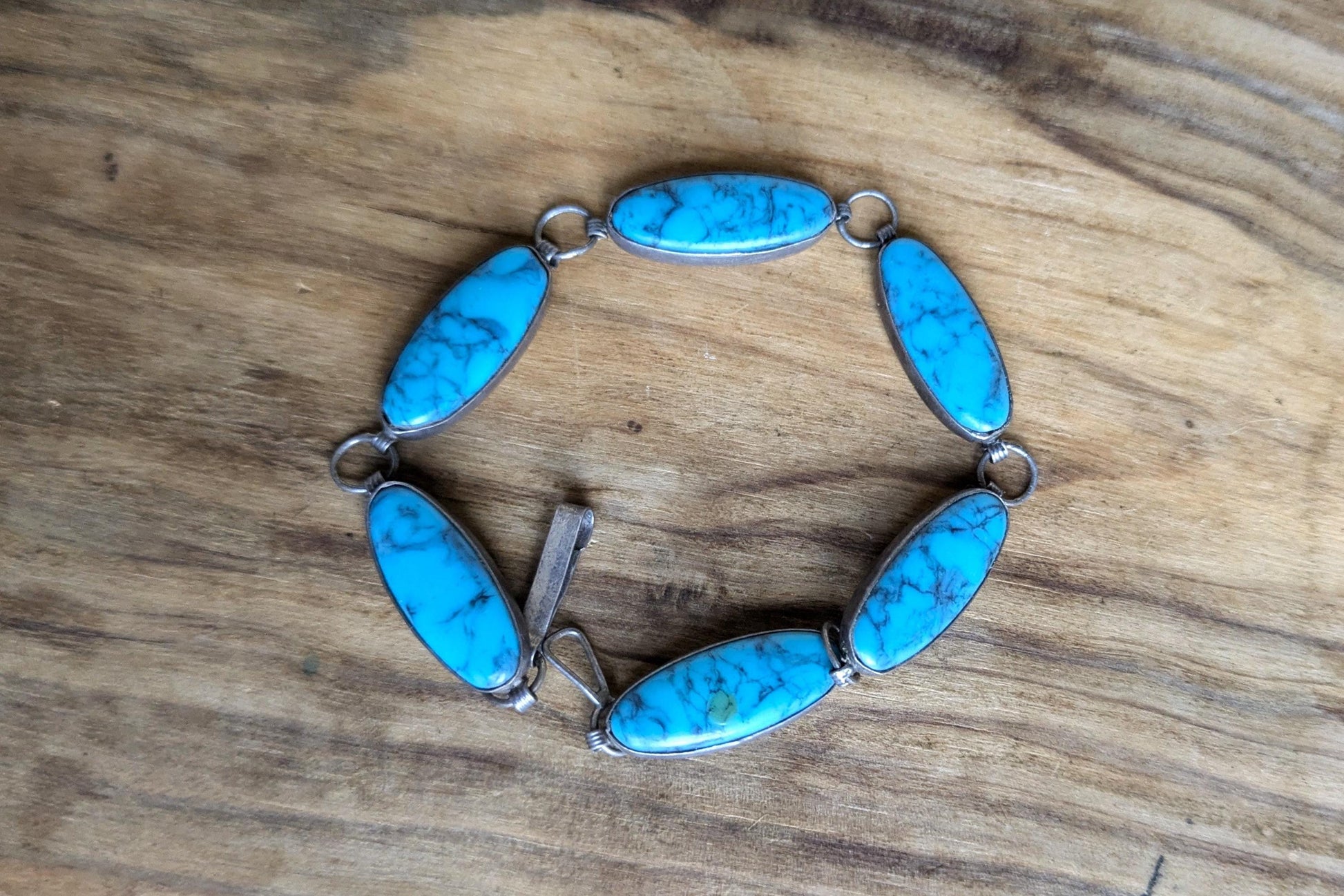 Sterling Silver Native Southwest Turquoise Link Bracelet - 7.5&quot; Length - Stamped and Tested Sterling Silver - Vintage Tennis Link Bracelet