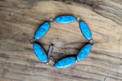 Sterling Silver Native Southwest Turquoise Link Bracelet - 7.5&quot; Length - Stamped and Tested Sterling Silver - Vintage Tennis Link Bracelet