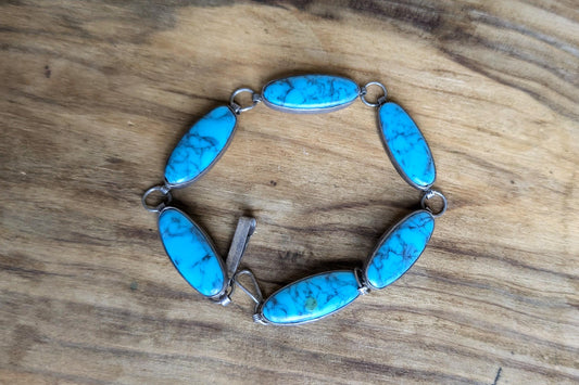 Sterling Silver Native Southwest Turquoise Link Bracelet - 7.5&quot; Length - Stamped and Tested Sterling Silver - Vintage Tennis Link Bracelet