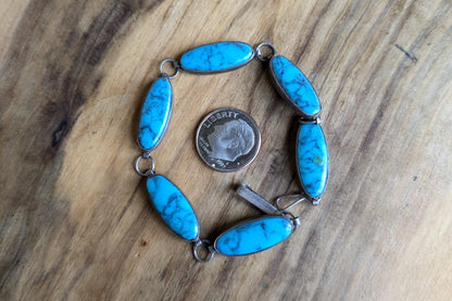 Sterling Silver Native Southwest Turquoise Link Bracelet - 7.5&quot; Length - Stamped and Tested Sterling Silver - Vintage Tennis Link Bracelet