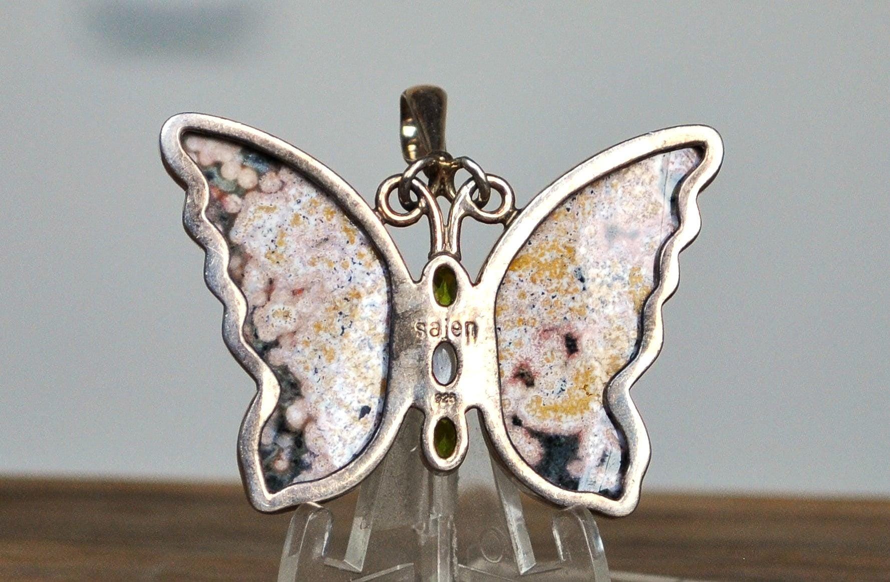 Rare Sterling Silver Ocean Jasper Butterfly - Stamped and Tested Sterling Silver - Peridot and Moonstone - Sajen Jewelry
