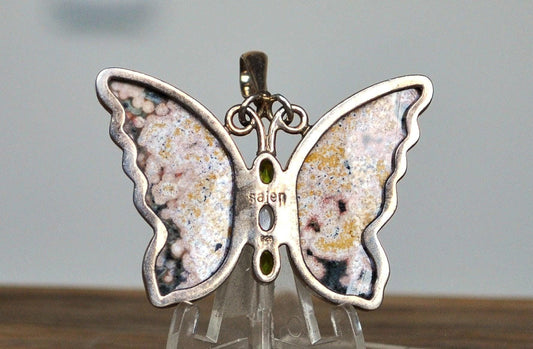 Rare Sterling Silver Ocean Jasper Butterfly - Stamped and Tested Sterling Silver - Peridot and Moonstone - Sajen Jewelry
