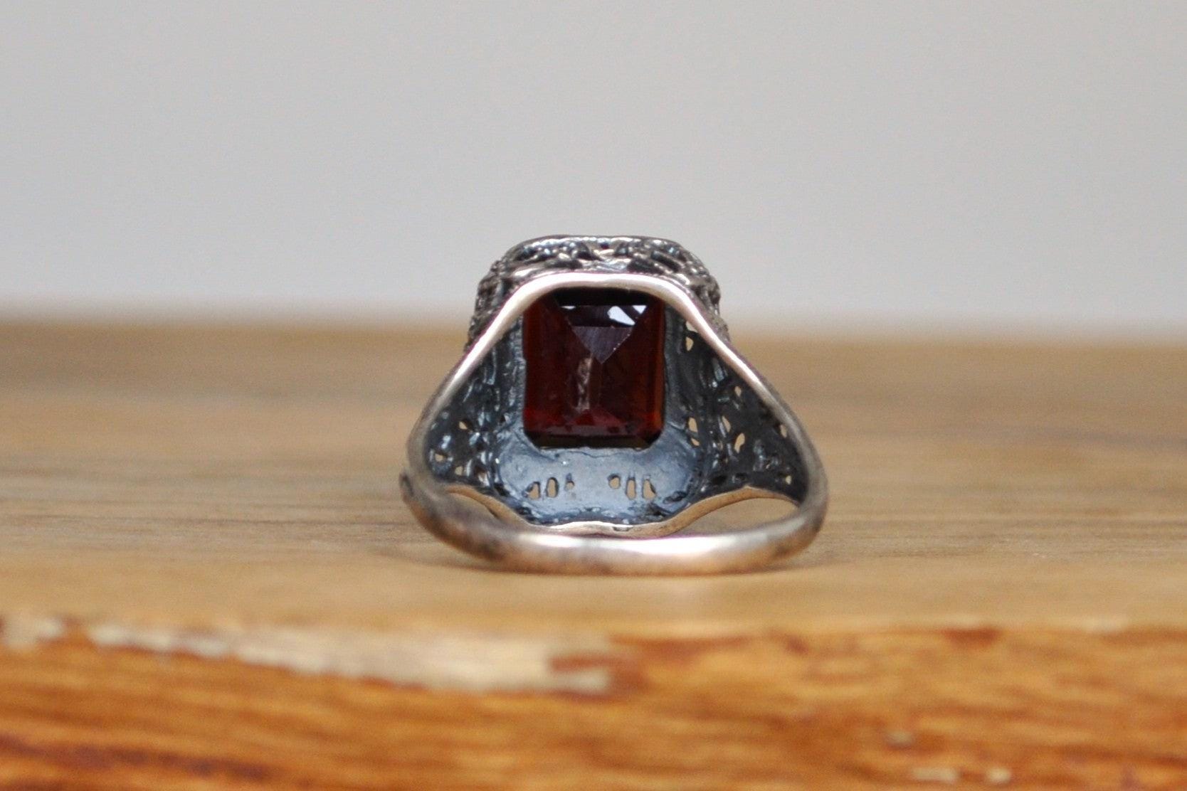 Regal Sterling Silver Cubic Zirconia Garnet Ring - Stamped and Tested Sterling Silver - Rectangle Cut Ring - Victorian Filigree