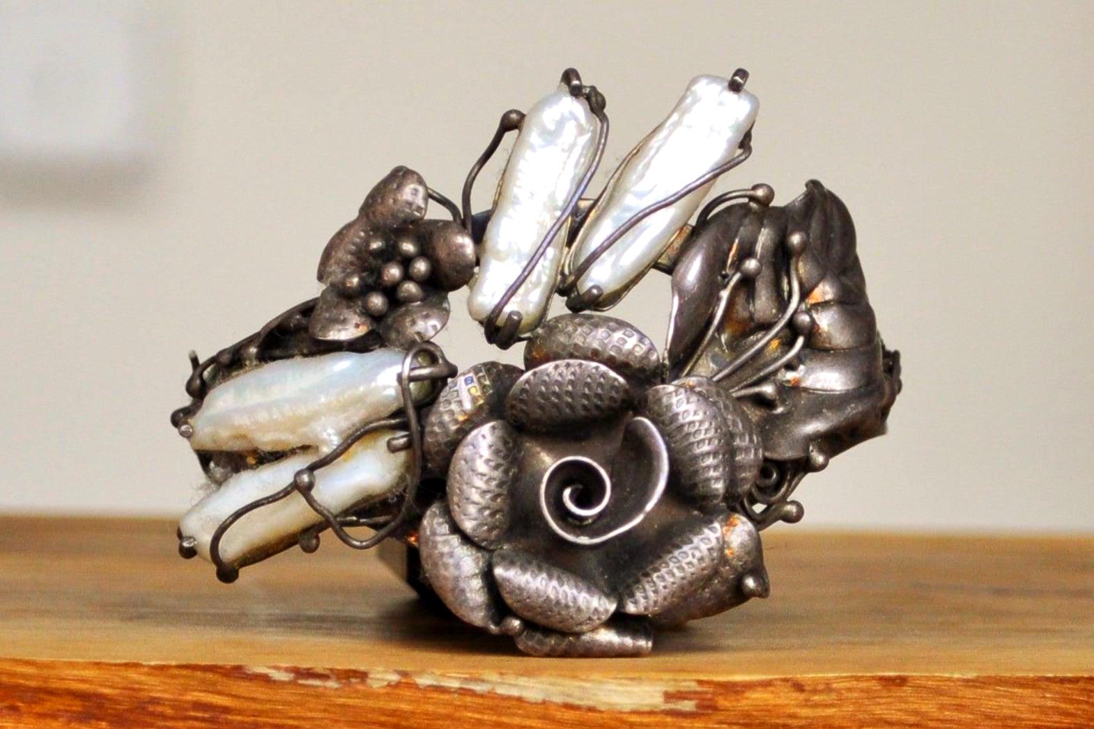 Hand Crafted Sterling Silver CFJ Floral Baroque Pearl Bracelet - Stamped and Tested Sterling Silver - Handmade Baroque Pearl Bracelet - Coll