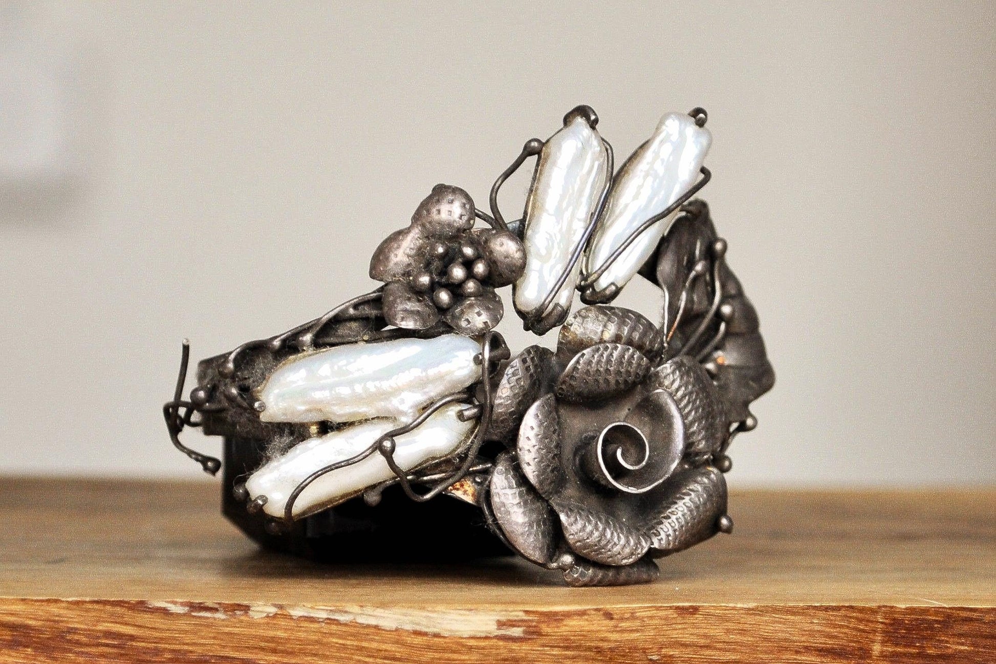 Hand Crafted Sterling Silver CFJ Floral Baroque Pearl Bracelet - Stamped and Tested Sterling Silver - Handmade Baroque Pearl Bracelet - Coll