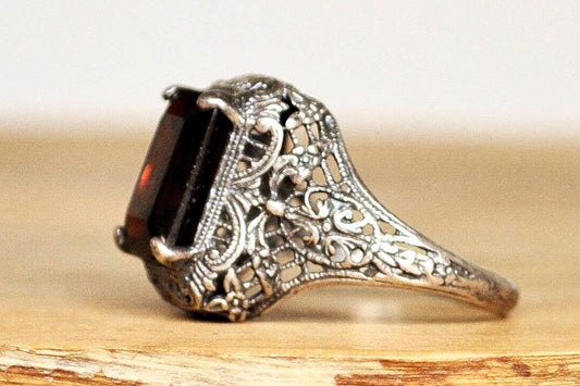 Regal Sterling Silver Cubic Zirconia Garnet Ring - Stamped and Tested Sterling Silver - Rectangle Cut Ring - Victorian Filigree