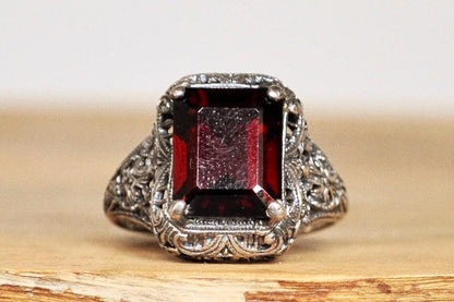 Regal Sterling Silver Cubic Zirconia Garnet Ring - Stamped and Tested Sterling Silver - Rectangle Cut Ring - Victorian Filigree