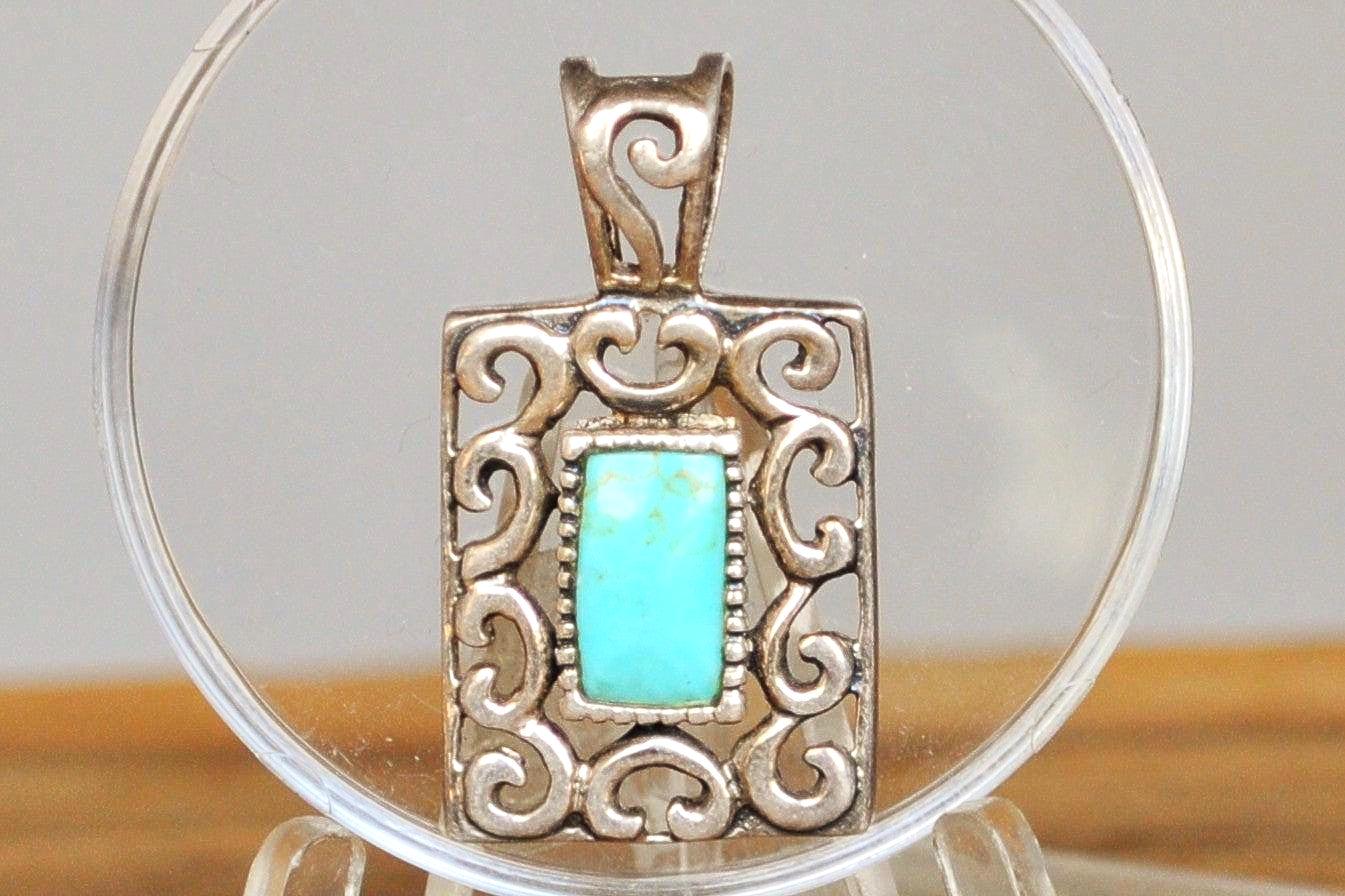 Sterling Silver Turquoise Rectangle Filigree Pendant - Stamped and Tested Sterling Silver - Vintage Turquoise Pendant