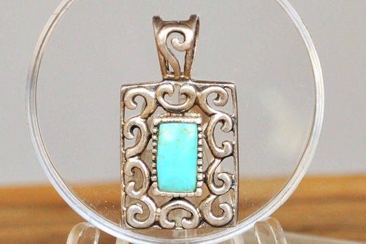 Sterling Silver Turquoise Rectangle Filigree Pendant - Stamped and Tested Sterling Silver - Vintage Turquoise Pendant