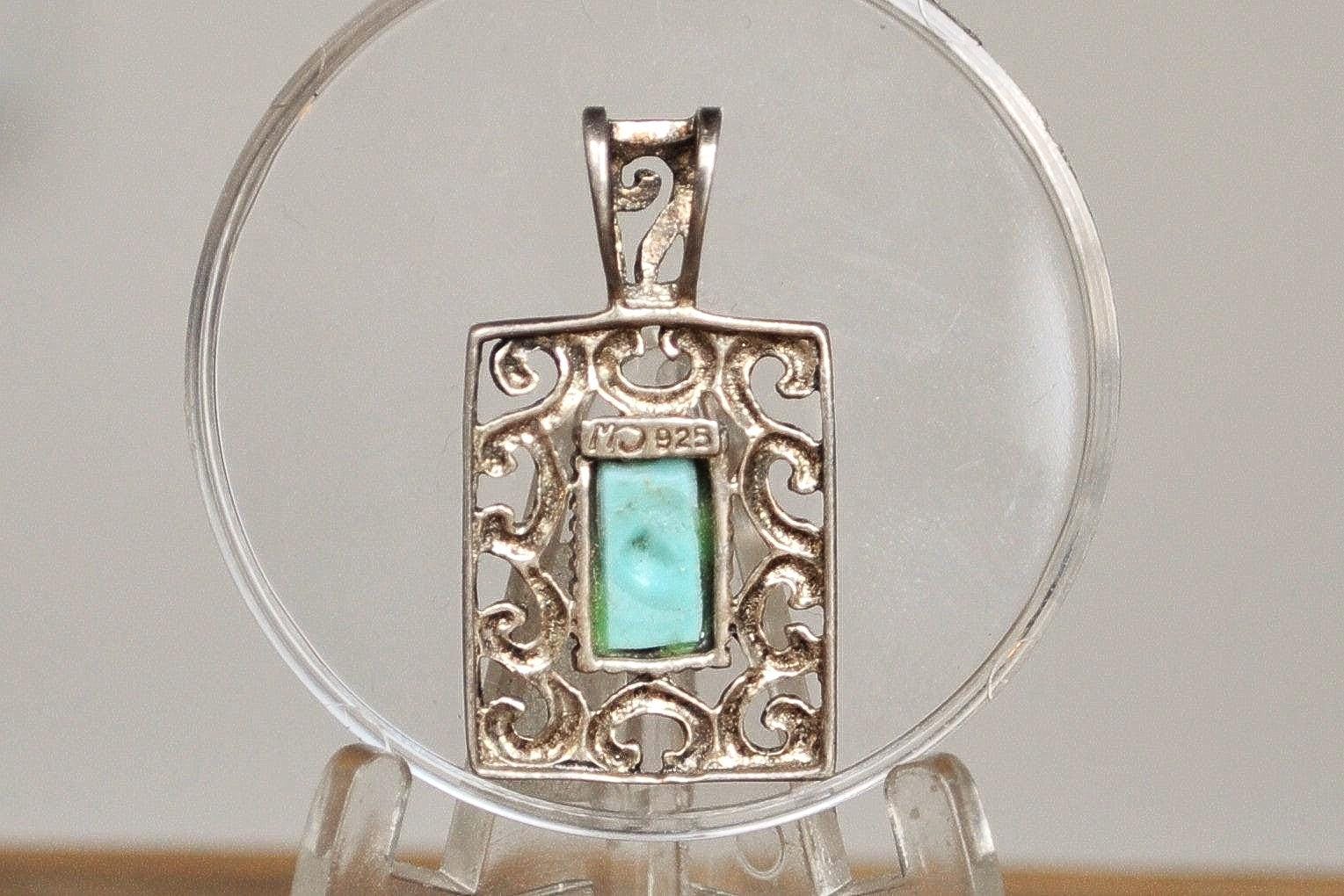 Sterling Silver Turquoise Rectangle Filigree Pendant - Stamped and Tested Sterling Silver - Vintage Turquoise Pendant