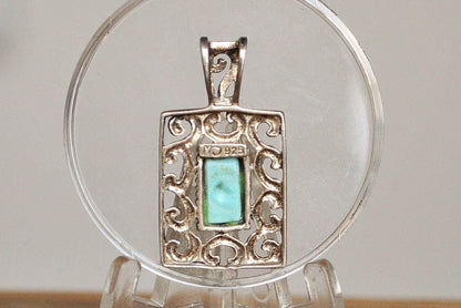 Sterling Silver Turquoise Rectangle Filigree Pendant - Stamped and Tested Sterling Silver - Vintage Turquoise Pendant