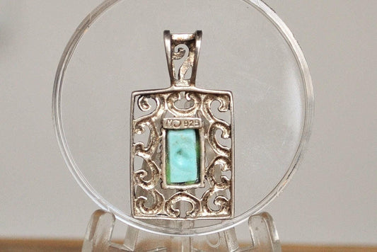 Sterling Silver Turquoise Rectangle Filigree Pendant - Stamped and Tested Sterling Silver - Vintage Turquoise Pendant