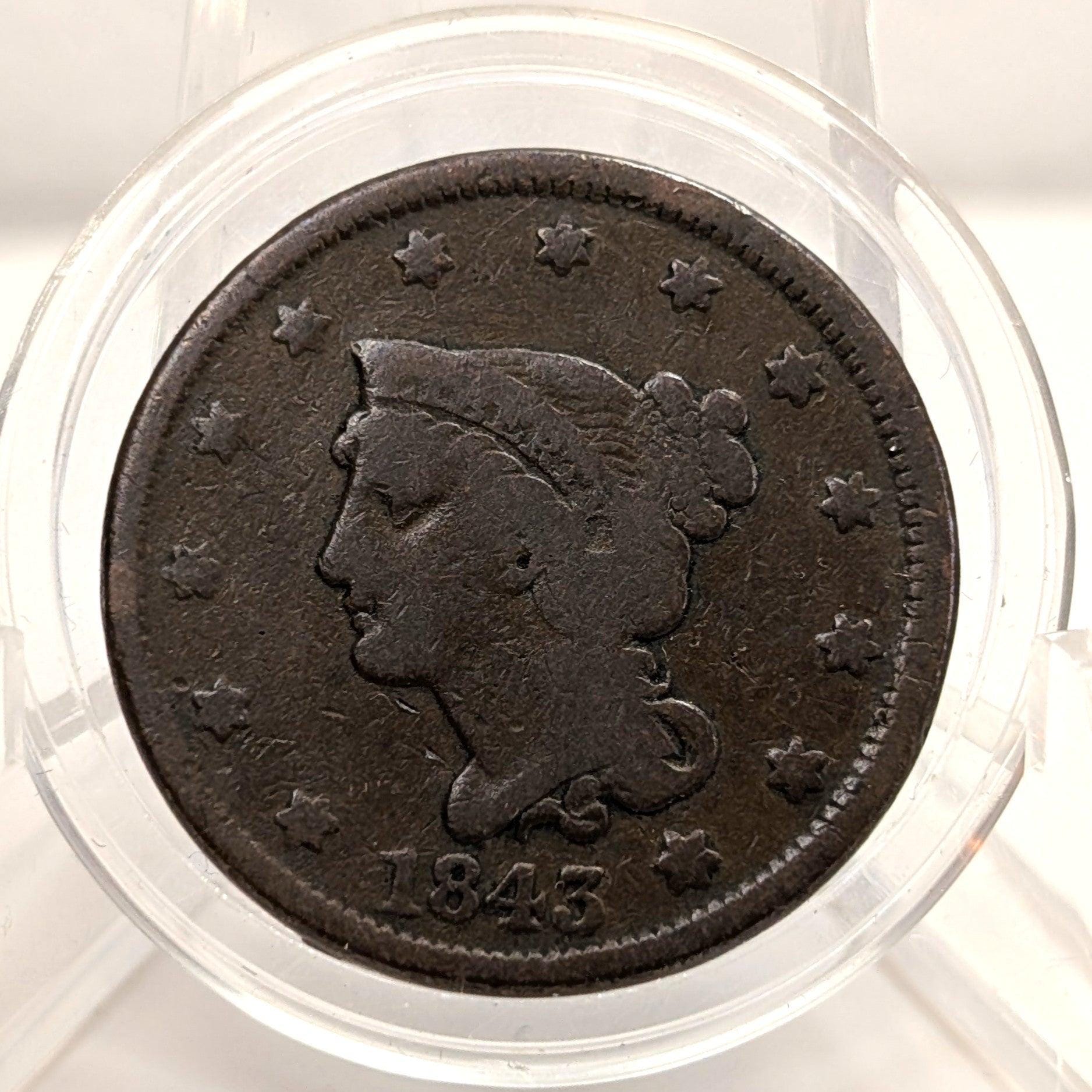 Scarce 1843 Braided Hair Large Cent Mature Head Large Letter Variety VG Details PCGS# 405845 OR 403943