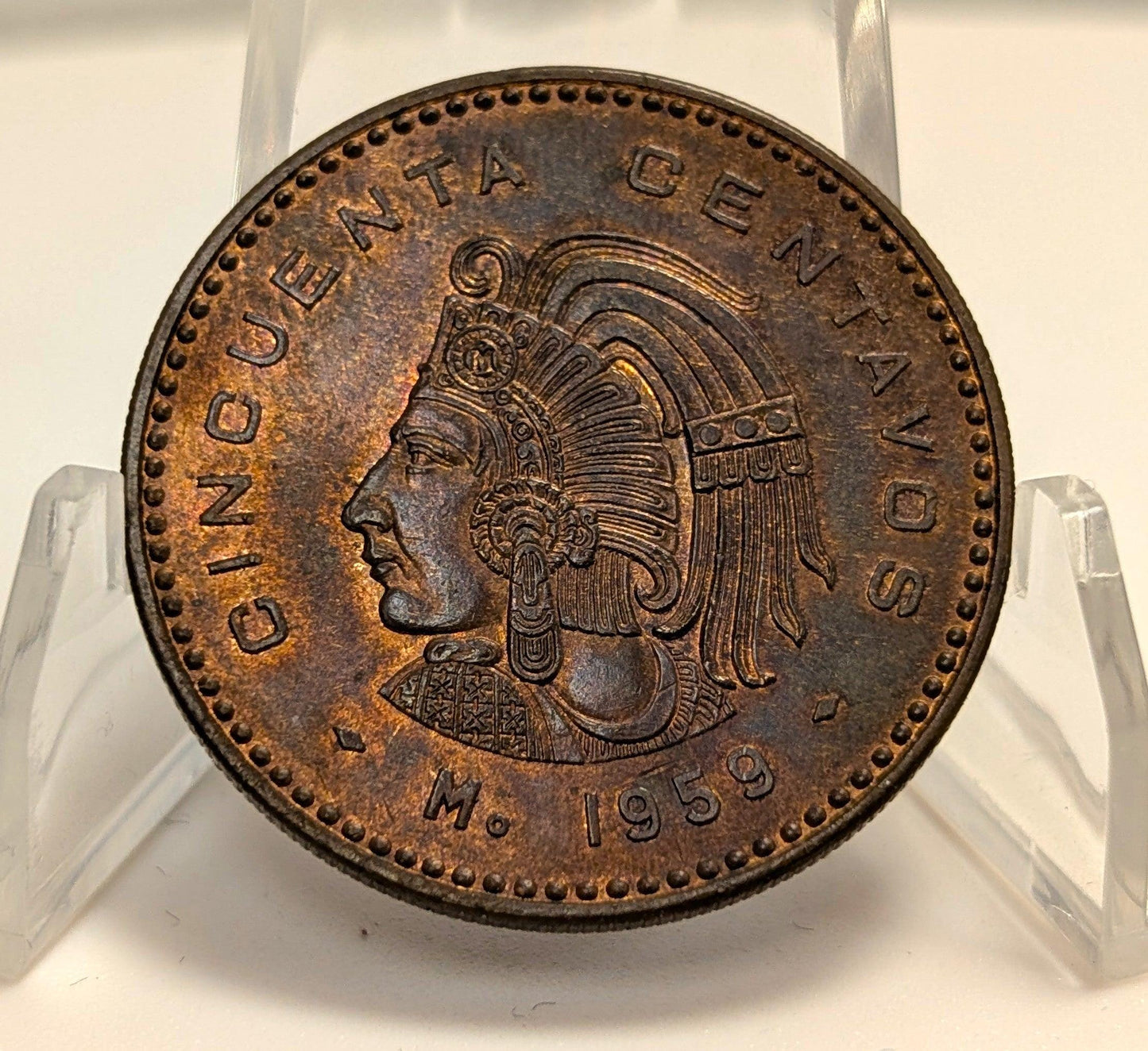 Beautiful 1959 Mexico Fifty Centavos Cincuenta Bronze Cuauhtémoc Aztec Design AU UNC