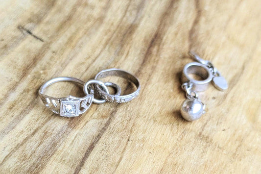 Set of Sterling Silver Engagement/Marriage Charms - Stamped and Tested Sterling Silver - Engagement Rings and Ball and Chain Charm