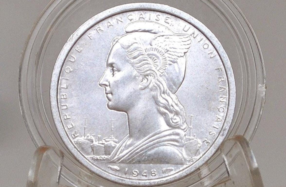 1948 French Equatorial Africa 2 Francs - Uncirculated Condition - Aluminum Coin - French African Coins - Gazelle Reverse -