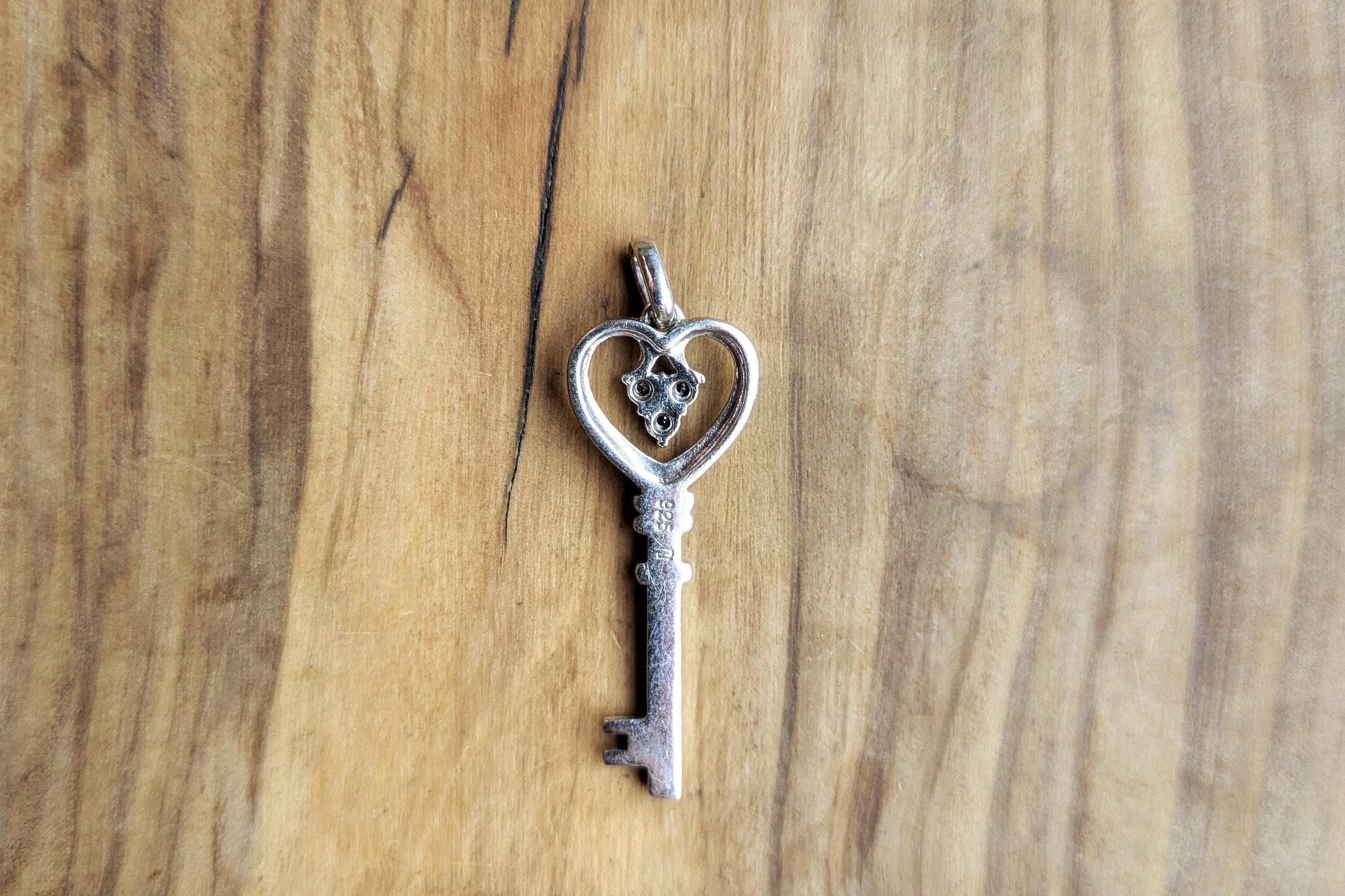 Sterling Silver Diamond Accented Heart Shaped Key Charm - Stamped and Tested Sterling Silver - Lovers Charm