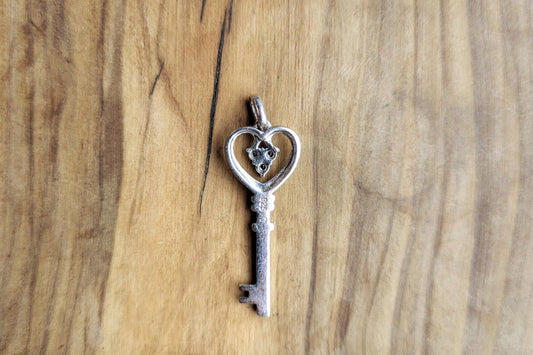 Sterling Silver Diamond Accented Heart Shaped Key Charm - Stamped and Tested Sterling Silver - Lovers Charm