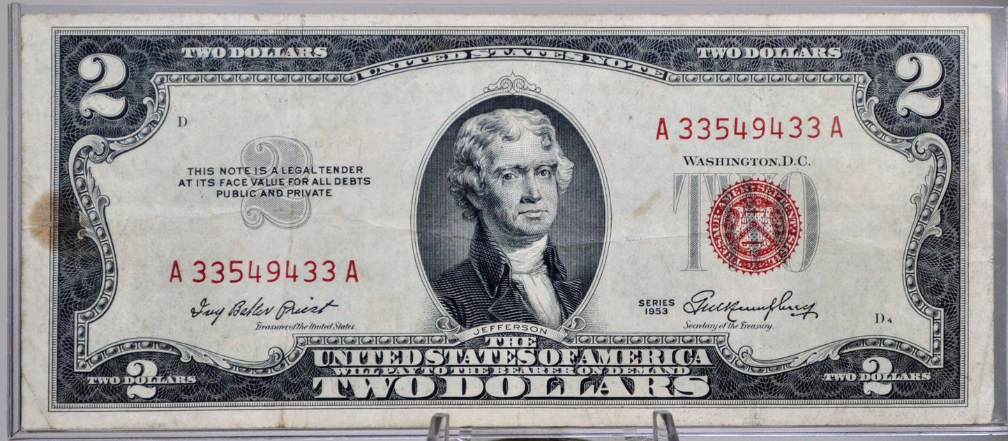 1953 Red Seal Legal Tender 2 Dollar Note - Fancy Bookend Serial Number - 33549433 - 1953 Two Dollar Legal Tender Note - Fr#1509