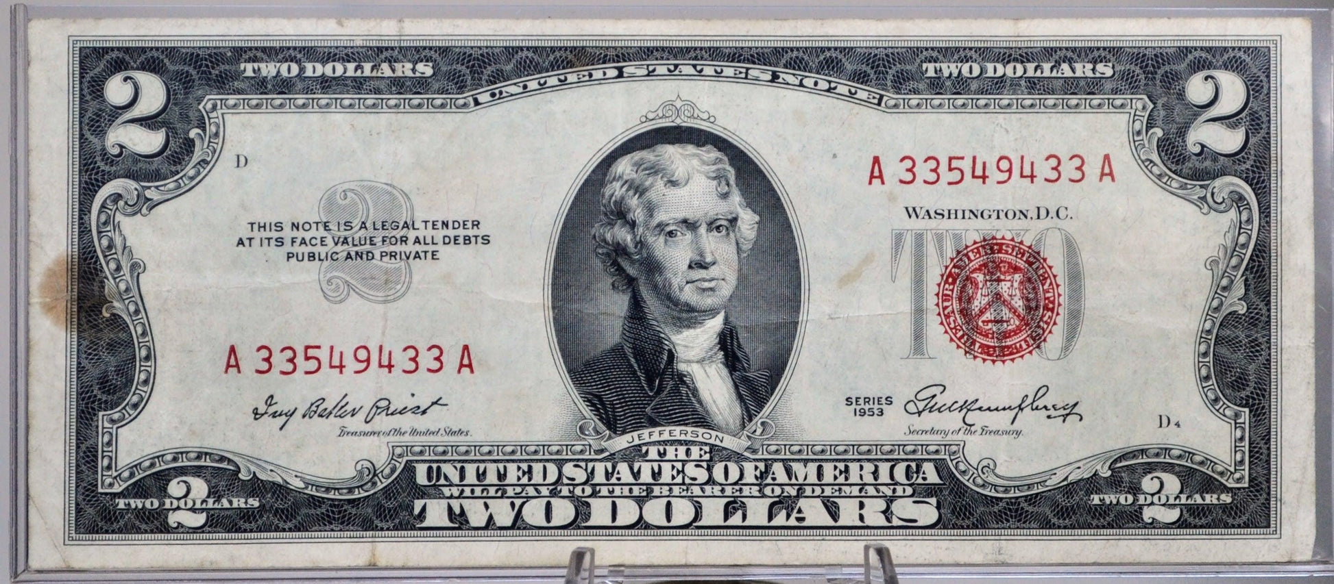 1953 Red Seal Legal Tender 2 Dollar Note - Fancy Bookend Serial Number - 33549433 - 1953 Two Dollar Legal Tender Note - Fr#1509