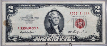 1953 Red Seal Legal Tender 2 Dollar Note - Fancy Bookend Serial Number - 33549433 - 1953 Two Dollar Legal Tender Note - Fr#1509