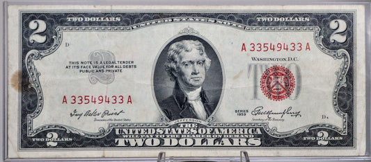 1953 Red Seal Legal Tender 2 Dollar Note - Fancy Bookend Serial Number - 33549433 - 1953 Two Dollar Legal Tender Note - Fr#1509