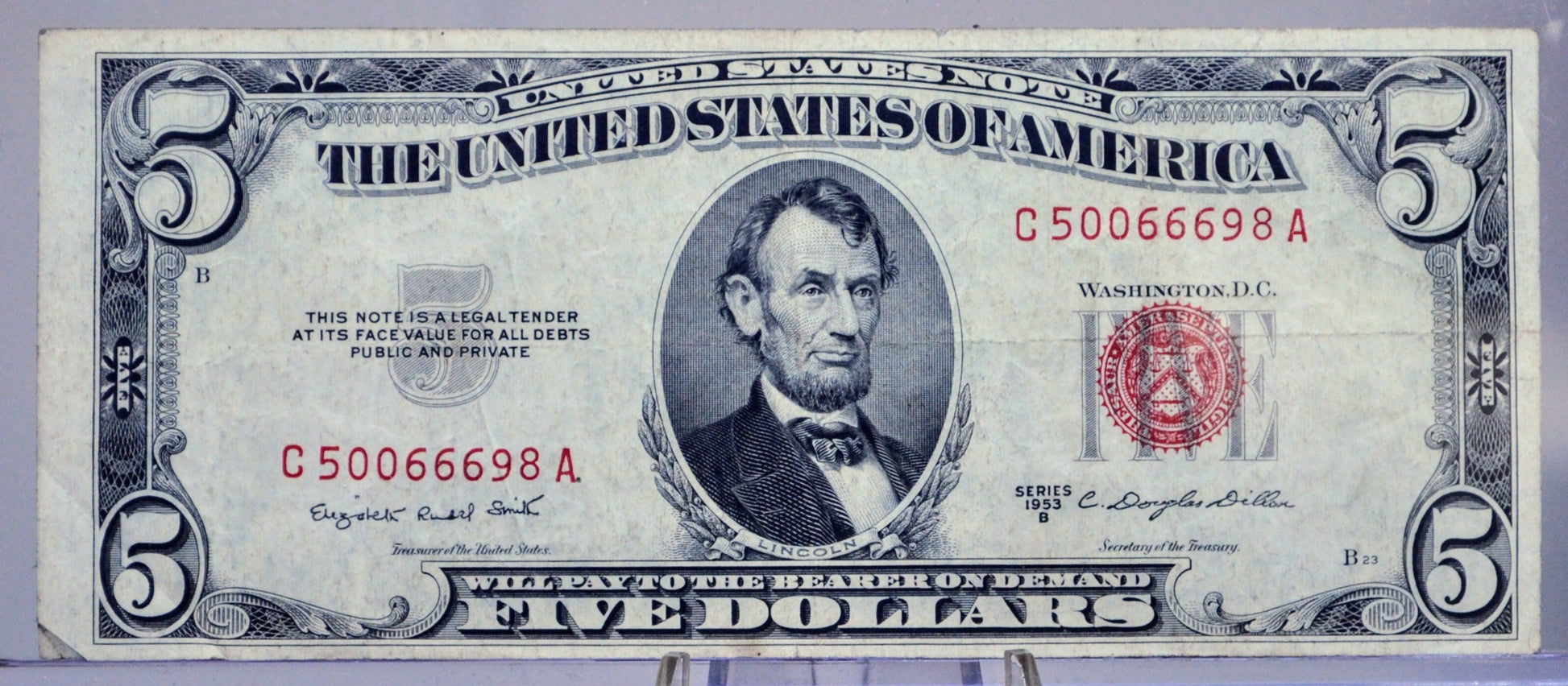 1953B US Legal Tender 5 Dollar Banknote - Fancy Devil Repeater Serial Number - 50066698 - 1953 B Red Seal Five Dollar Devil Note - Fr.1534