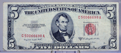 1953B US Legal Tender 5 Dollar Banknote - Fancy Devil Repeater Serial Number - 50066698 - 1953 B Red Seal Five Dollar Devil Note - Fr.1534
