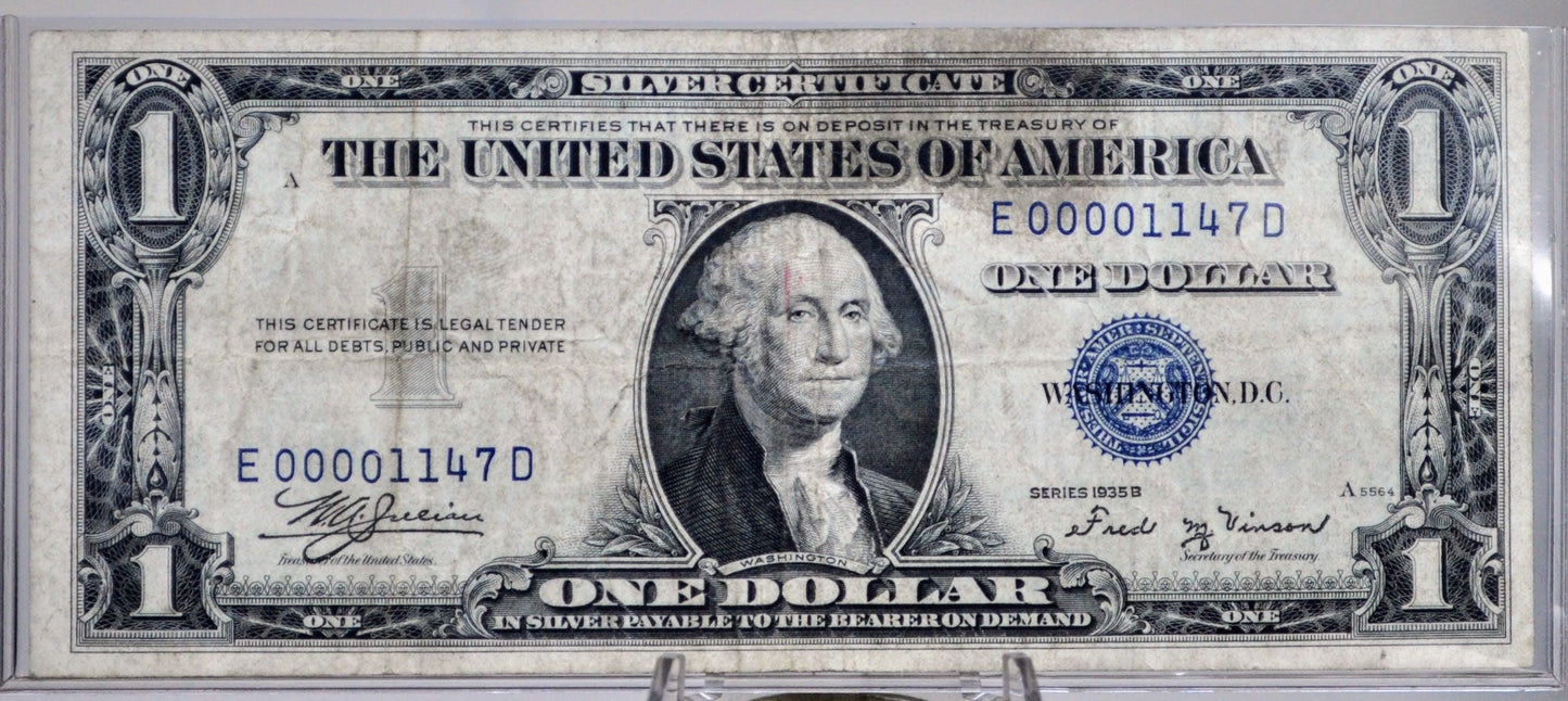 1935 B Silver Certificate 1 Dollar Note - Very Low Serial Number, 4 Digits - 00001147 - 1935B Series Silver Cert Banknote - Fr.1611