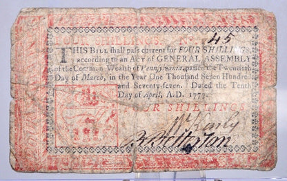 April 10th, 1777 Pennsylvania 4 Shillings Continental Currency Note - Red Ink Type - 1777 Four Shillings Pennsylvania Note - PA-217b