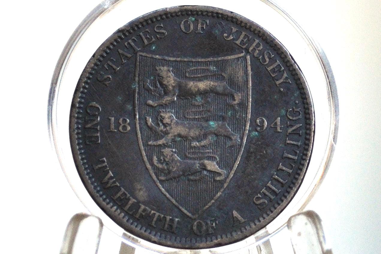 1894 States of Jersey 1⁄12 Shilling - XF Detail - UK One Twelfth Shilling 1894 - Queen Victoria Jersey Coin 1894, Rare