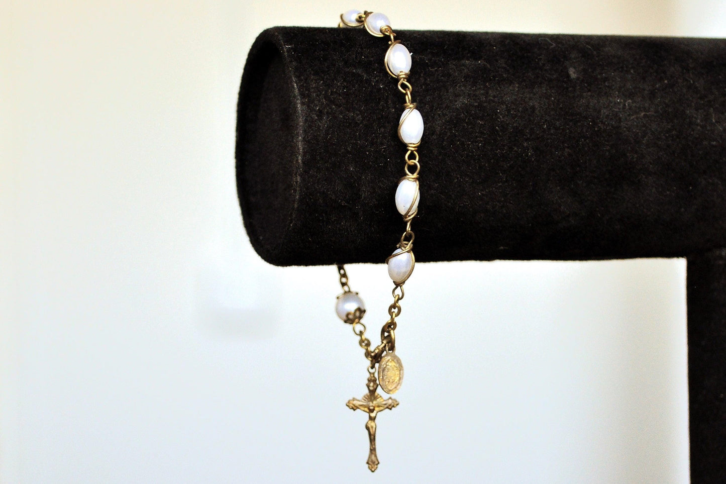 Pearl Wire Wrapped Rosary Bracelet - 8 Inches - Virgin Mary and Cross - Vintage INRI