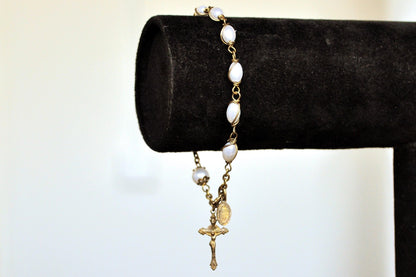 Pearl Wire Wrapped Rosary Bracelet - 8 Inches - Virgin Mary and Cross - Vintage INRI