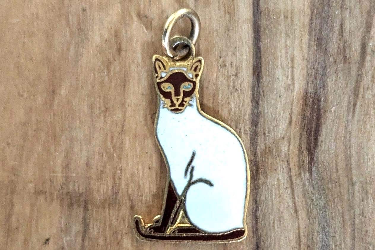 Sterling Silver Gold Enamel Siamese Cat Charm - Stamped and Tested Sterling Silver - Cute Sterling Sitting Kitty Charm