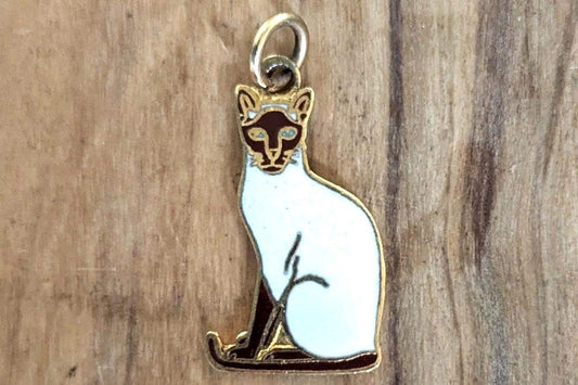 Sterling Silver Gold Enamel Siamese Cat Charm - Stamped and Tested Sterling Silver - Cute Sterling Sitting Kitty Charm