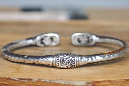 Vintage Sarda Bali Handmade Artisan Hammered Bracelet - W 2.5 In , H 2 In (Expandable) - Stamped and Tested Sterling Silver - Indonesia Jewe