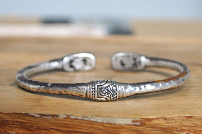 Vintage Sarda Bali Handmade Artisan Hammered Bracelet - W 2.5 In , H 2 In (Expandable) - Stamped and Tested Sterling Silver - Indonesia Jewe