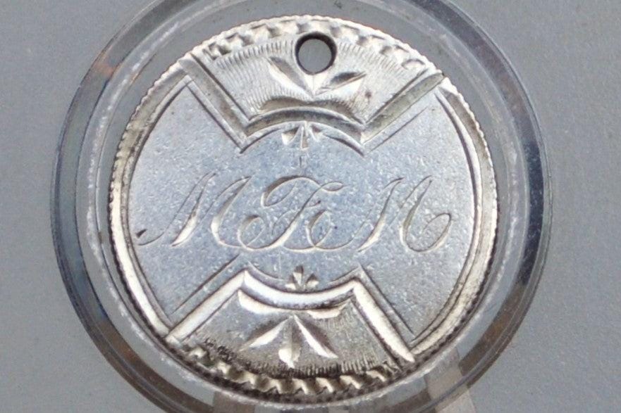 Genuine Antique Love Token, MJM - Made From an 1888 Silver Dime - Beautiful Scroll Work, 1800s Silver Love Token, "MJM" Love Token